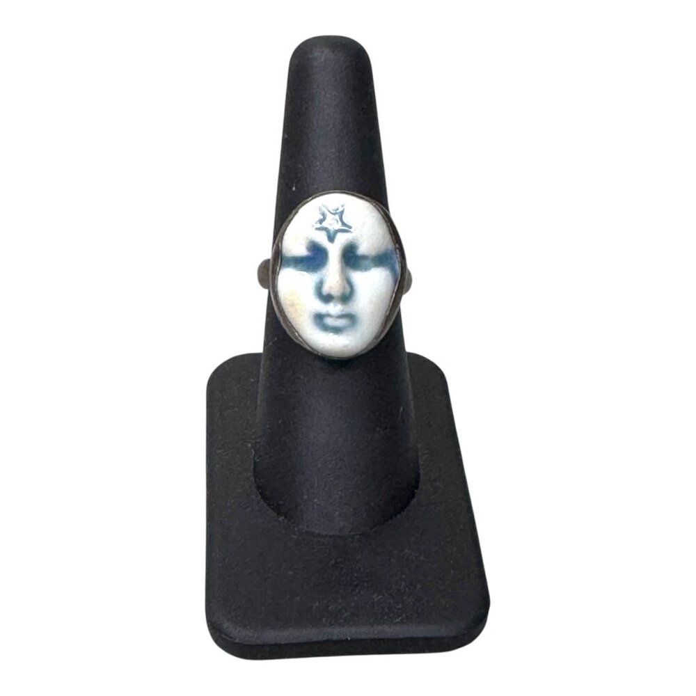91 Artisan Mystical Celestial Ceramic Face Signed Sterling Silver Ring Star 6.75 - Picture 2 of 11